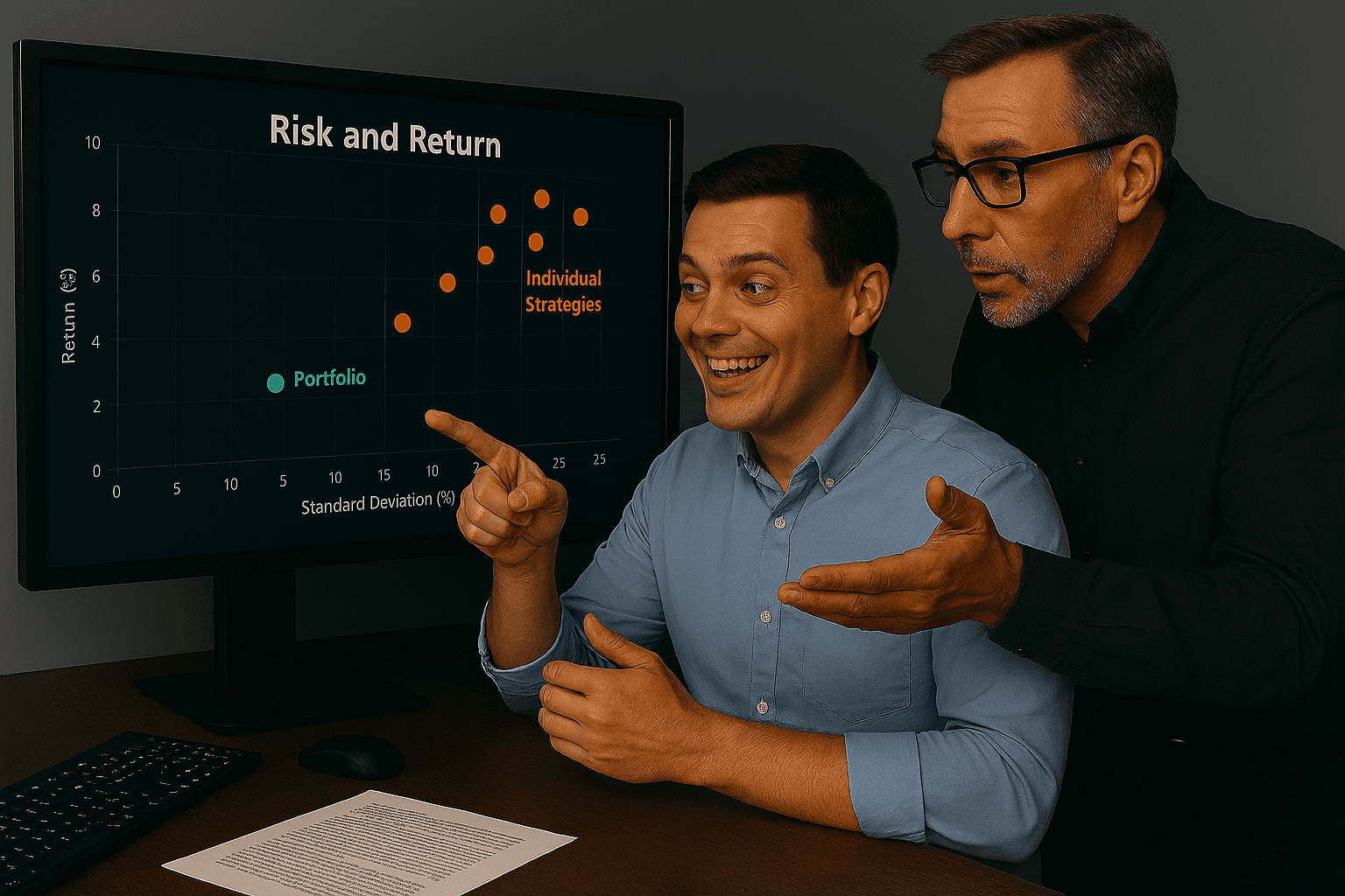 Professional risk-return scatter plot showing individual trading strategies vs diversified portfolio positioning