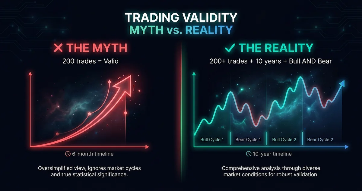 Backtest Sample Size: Trade Count vs Time Period and Market Conditions The backtest sample size myth explained: Why trade count alone is insufficient for statistical validity - showing the importance of time period coverage and market regime diversity