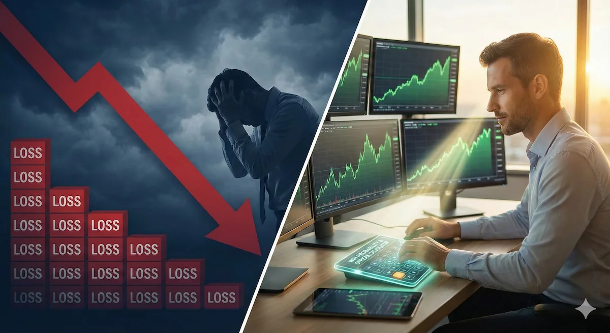 Trading losing streak visualization: frustrated trader experiencing consecutive losses versus confident trader using probability calculator for risk management