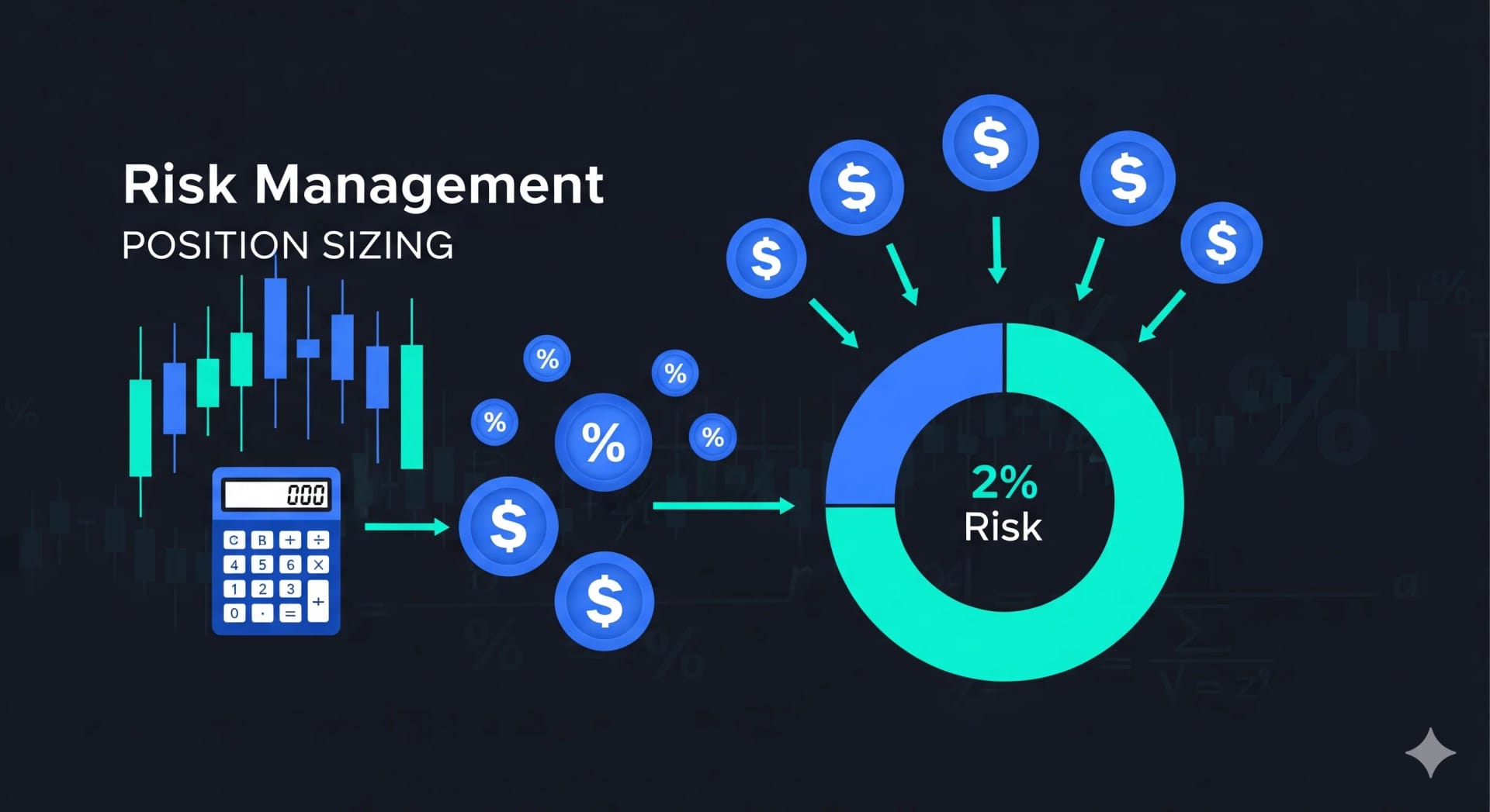 Professional risk management illustration showing position sizing concepts, Kelly Criterion formula, and 2% risk calculation principles